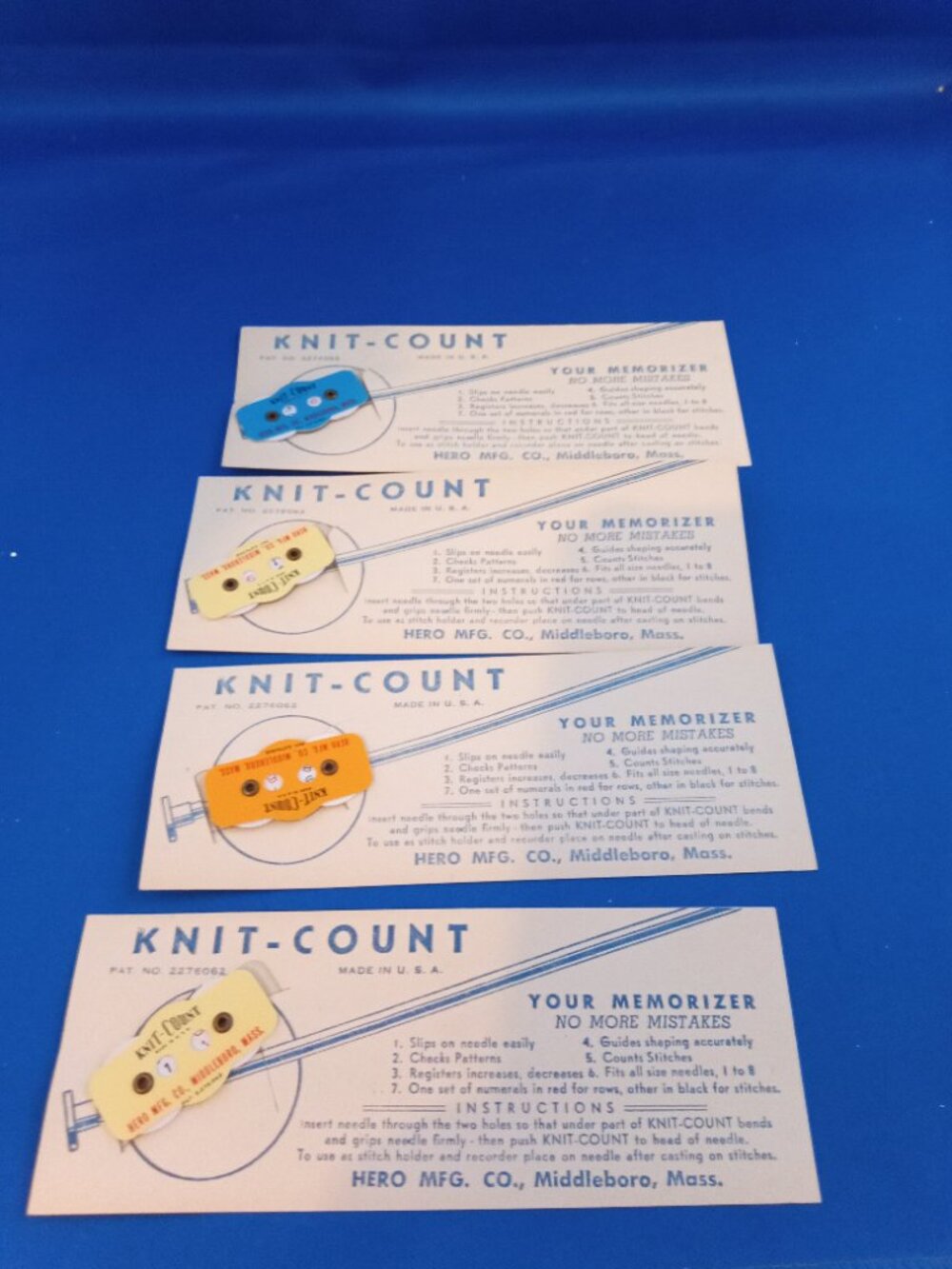 4 Vintage NOS Knit Count knitting needle stitch counters Hero mfg. with box USA